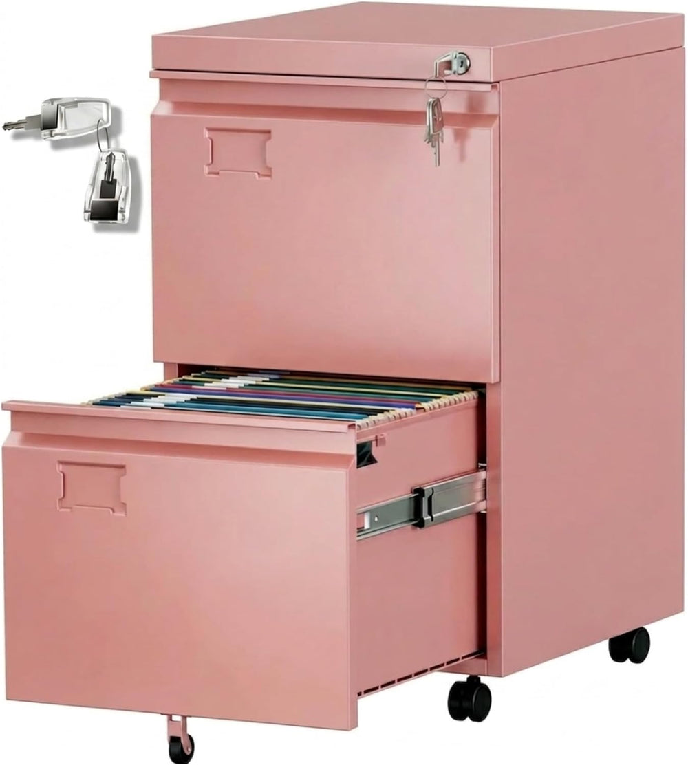 METAN 2 Drawer Metal File Cabinet with Lock, Mobile Rolling Filing Cabinet fo...