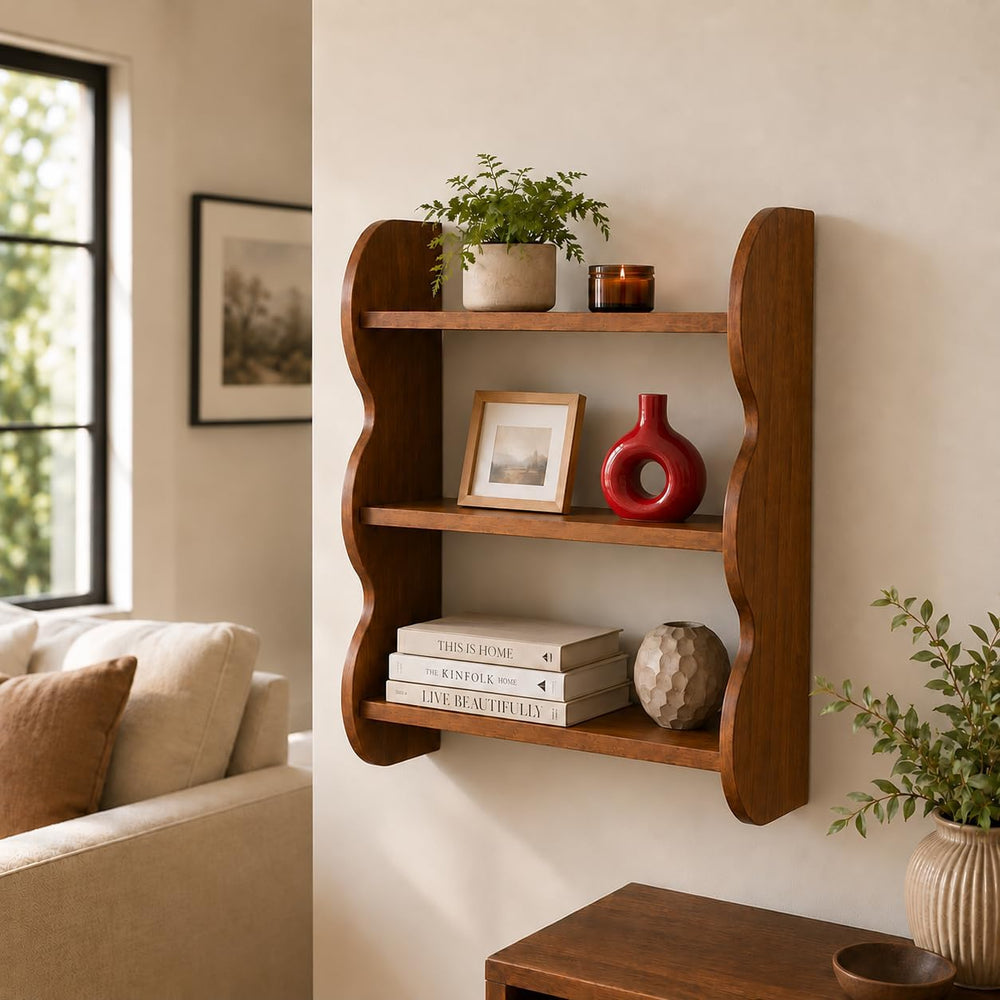 Solid Wood Floating Shelves for Wall, 3 Tier Rustic Vintage Wall Mounted Shel...