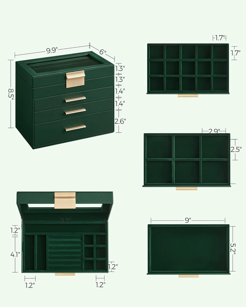 SONGMICS Jewelry Box Organizer with Glass Lid, 4-Layer Jewelry Storage, with 3 Drawers, Modern Style, Christmas Gift, 6 x 9.9 x 8.5 Inches, Forest Green and Gold Color UJBC161G01