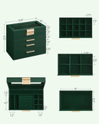 SONGMICS Jewelry Box Organizer with Glass Lid, 4-Layer Jewelry Storage, with 3 Drawers, Modern Style, Christmas Gift, 6 x 9.9 x 8.5 Inches, Forest Green and Gold Color UJBC161G01