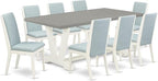 East West Furniture V097LA015-9 9 Piece Kitchen Table & Chairs Set Includes a Rectangle Dining Table with V-Legs and 8 Baby Blue Linen Fabric Parson Chairs, 40x72 Inch, Multi-Color