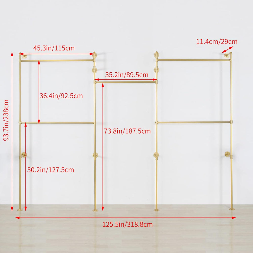 Industrial Pipe Clothing Rack Wall Mounted 5 Hanging Rods Garment Bar, Heavy Duty Closet Storage Rod Vintage Commercial Clothes Racks for Hallway Retail Boutique (Gold)