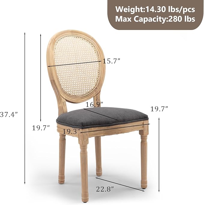 Rattan Back Upholstered Dining Chairs Set of 2 French Country Oval Kitchen Side Chairs with Wood Legs for Dining Room, Kitchen, Restaurant(Dark Grey-Rattan)