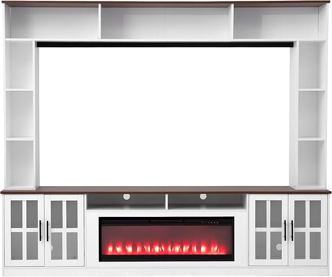 95.5" W Wall Unit Entertainment Center with Bookshelves for TVs up to 80", Modern TV Stand Media Console with Electric Fireplace Cabinets, Adjustable Shelves for Living Room (White+Walnut/F)