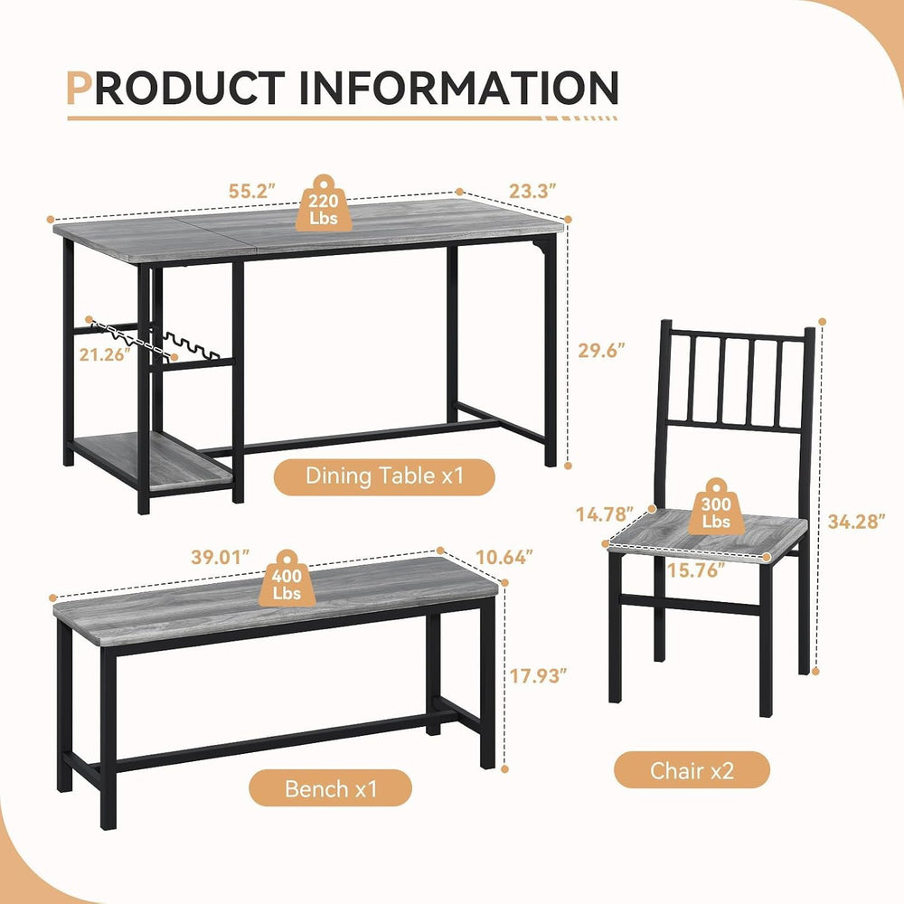 4 EVER WINNER 55-Inch Dining Table Set for 4 with Bench, Wine Rack, Grey | 4-...