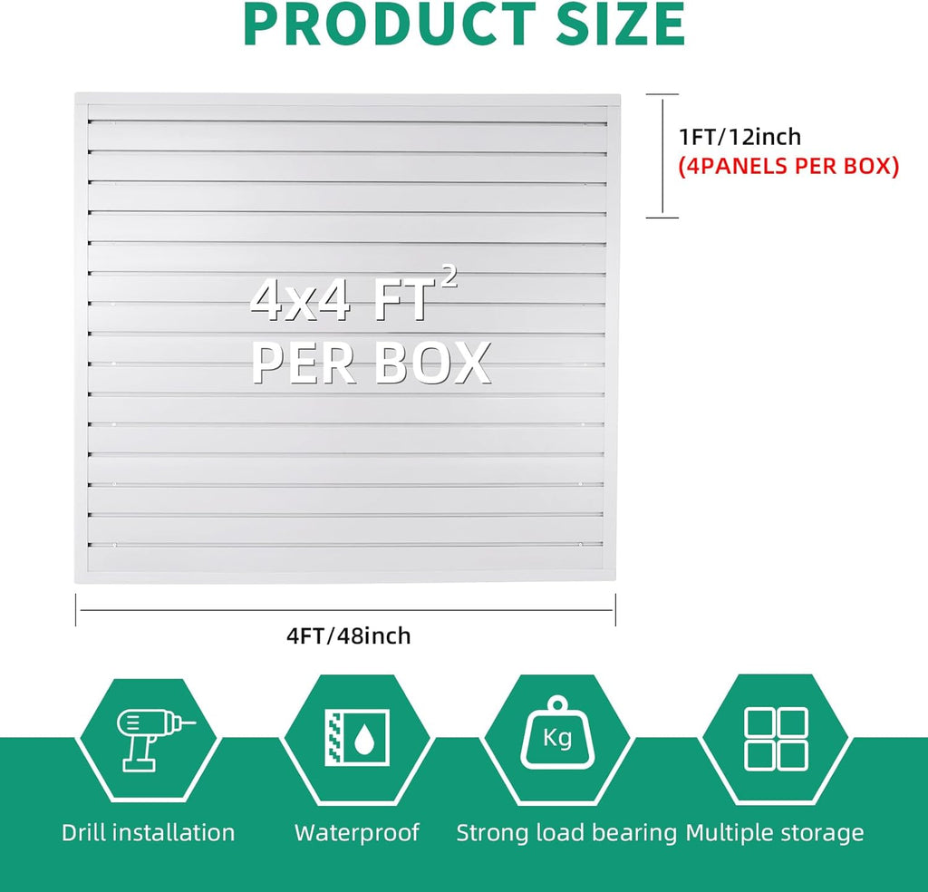 Slatwall Panel 4x4 ft Garage Mounted Storage, White Slat Wall Paneling Garage Organizers Storage, Peg Board Tool Organization PVC Wall Panels, Garage Slat Wall Storage Systems Pegboard Wall Organizer
