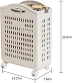 Rolling Laundry Hamper with Wheels - 14W×7.5D×21H Ventilated Plastic Laundry Basket, White Storage Bin with Handles for Small Spaces, Bedroom & Bathroom