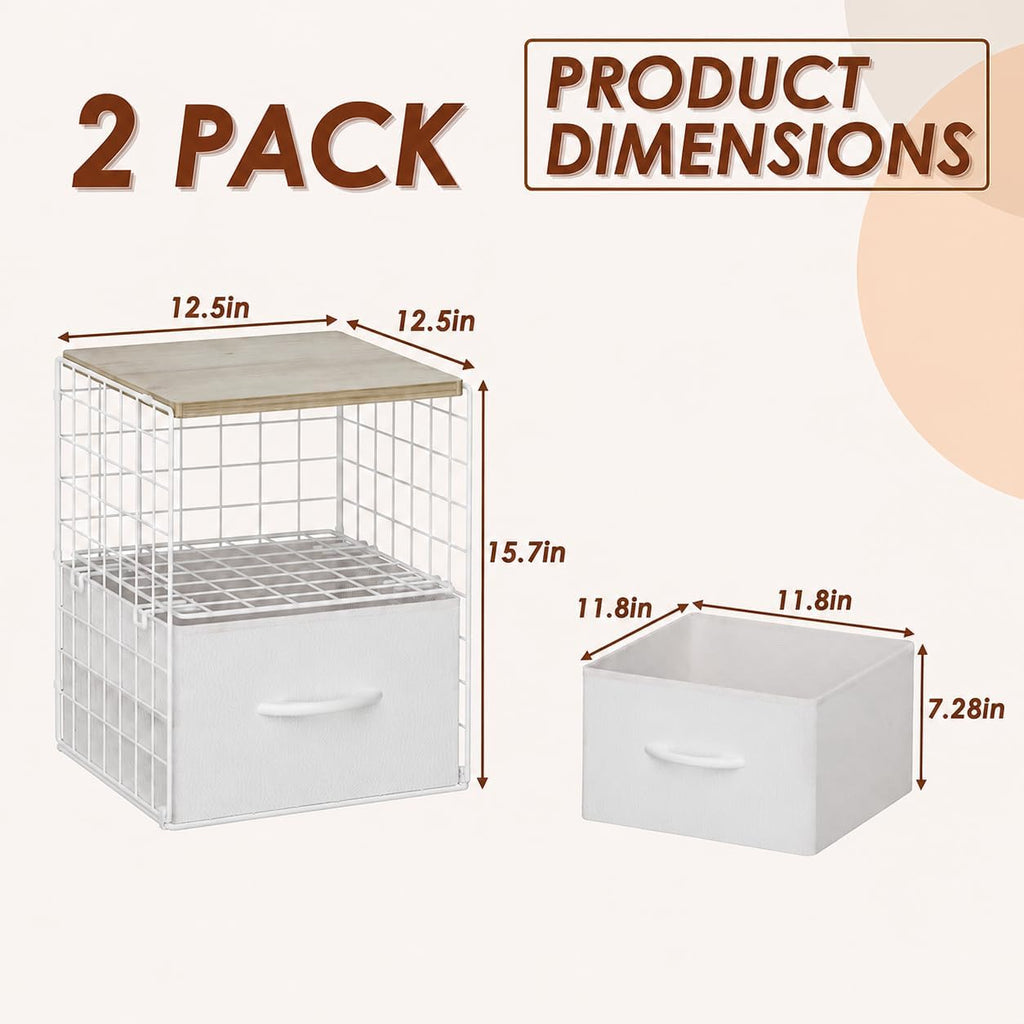 2 Pack Stackable Storage Drawers, Closet Organizers and Storage Shelves with Wooden Top & Adjustable Dividers, White Fabric Closet Drawer Organizer, Modular Storage Bins for Bedroom Wardrobe Apartment