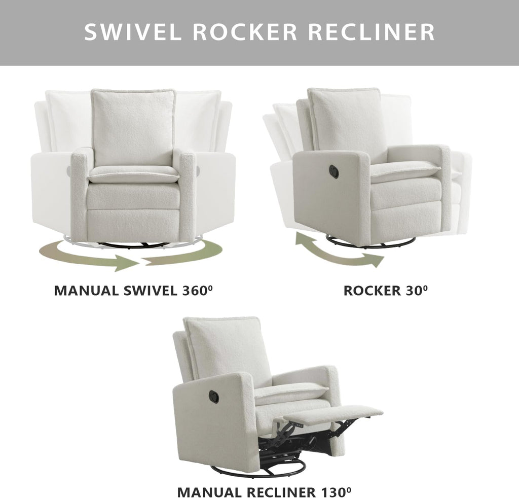 Oxford Baby Uptown Upholstered Glider Recliner Rocking Chair 360° Swivel for Nursery and Living Room - Boucle White