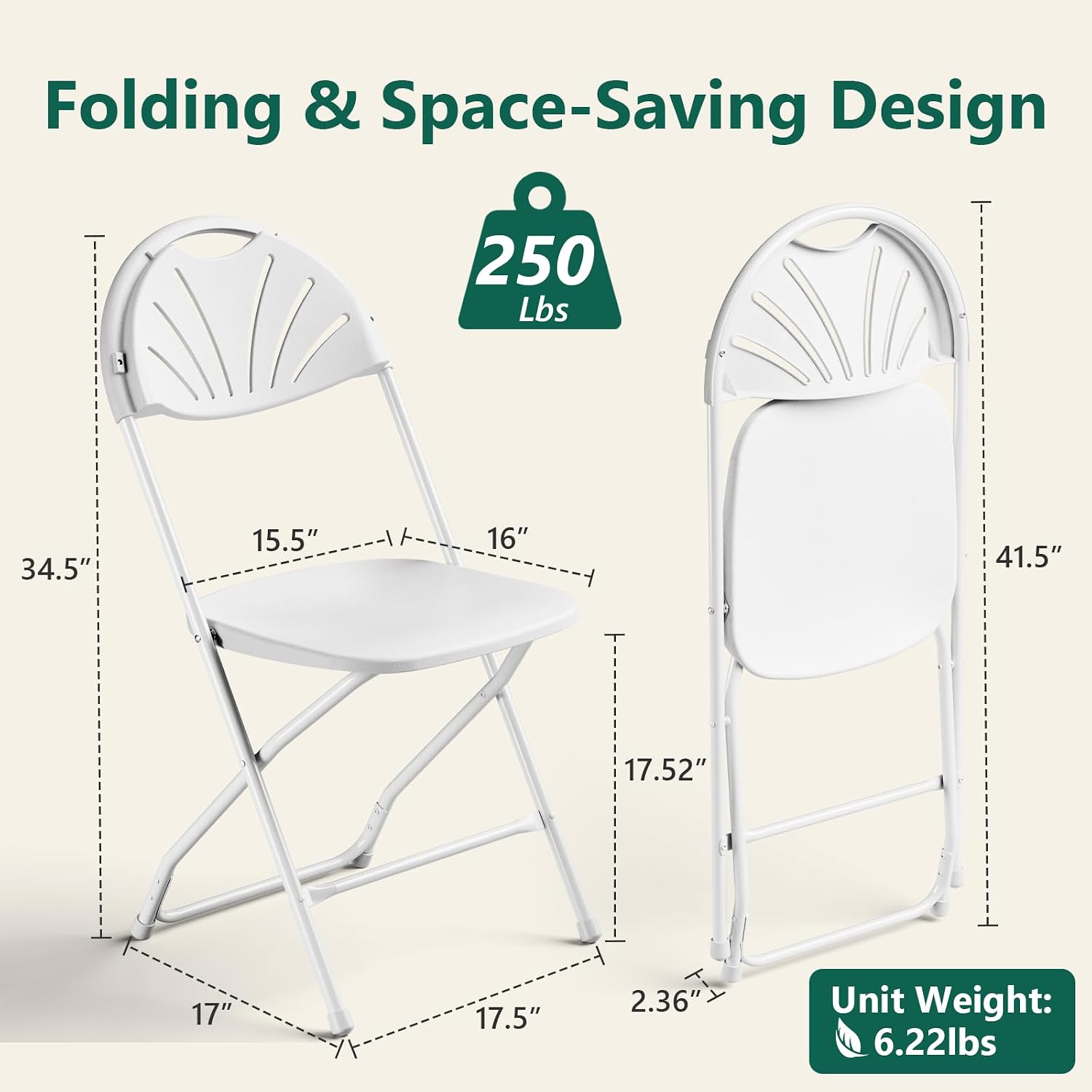 Folding Chair 2 Pack, Portable Foldable Chair with Ergonomic Design Back&Seat, Plastic Chairs for Party Wedding Dinning Indoor&Outdoor Use, Metal Frame Supports up to 350lbs, White