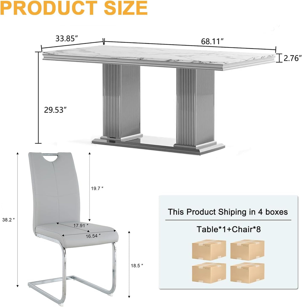 9 Piece Dining Table Set, 68.11" Dining Table and Chairs Set for 8, Mode...