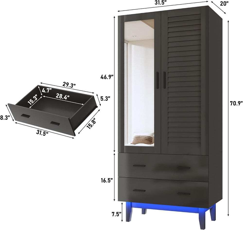 Hlivelood 2 Door Armoire Wardrobe Closet Cabinet with Mirror, Drawers and LED...