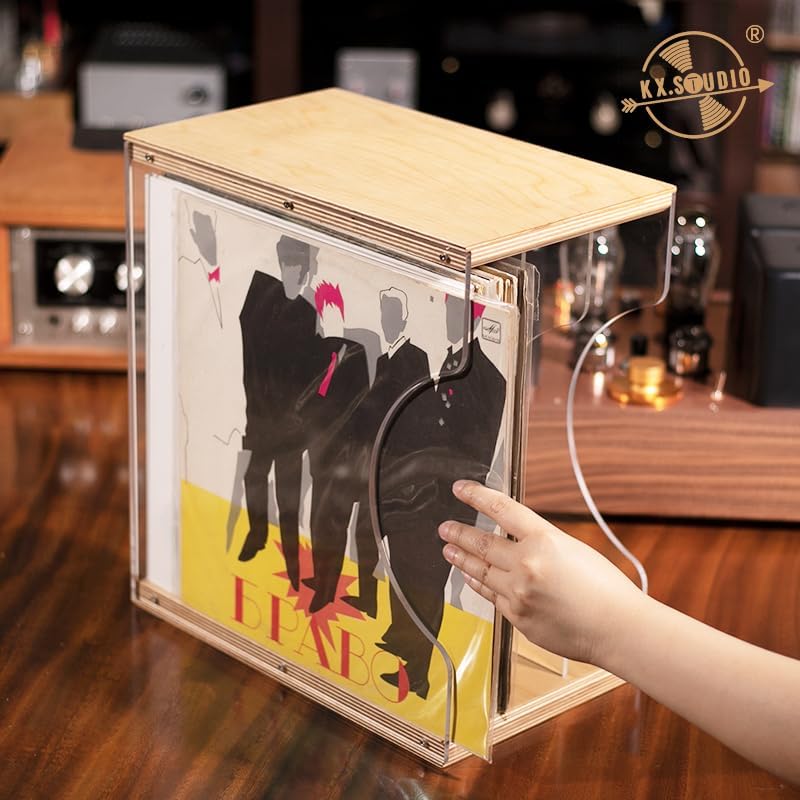 Vinyl Record Storage Holder,Stacks up to 30 Albums, Solid Wood & Clear Acrylic,Canbe stack,Premium Display, Simple and Contemporary Concept Design for 12” Records LP, DVDs, or CDs (composite board, 3)