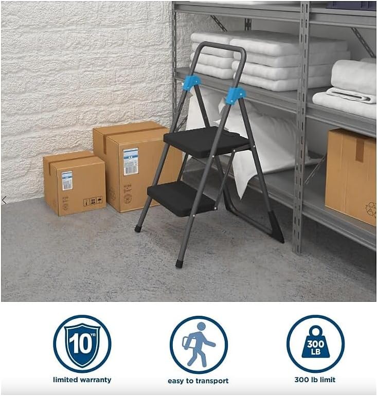 Cosco Commercial 2-Step Folding Stool, 300 lb Capacity, 20.5 x 24.75 x 39.5, ...