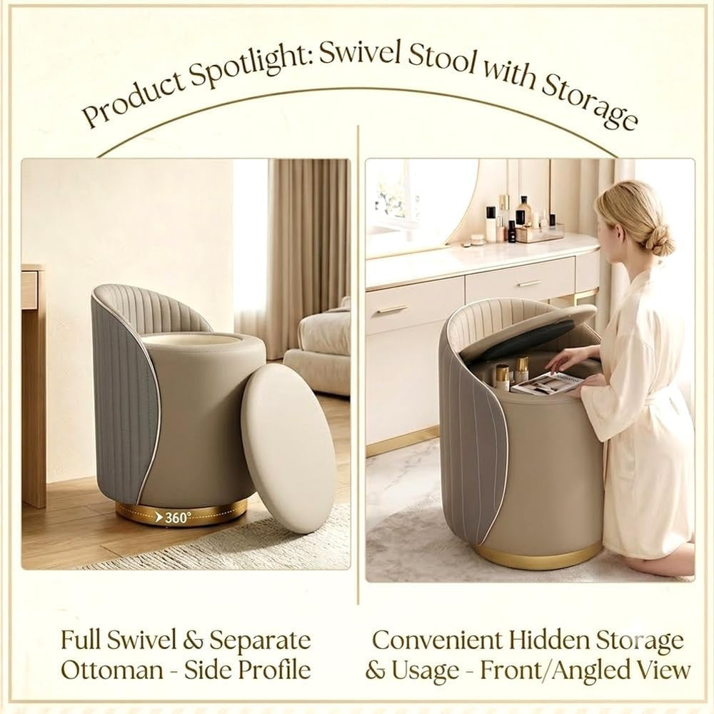Luxury Vanity Stool with Storage, 360° Swivel Vanity Chair with Back, 400lbs ...