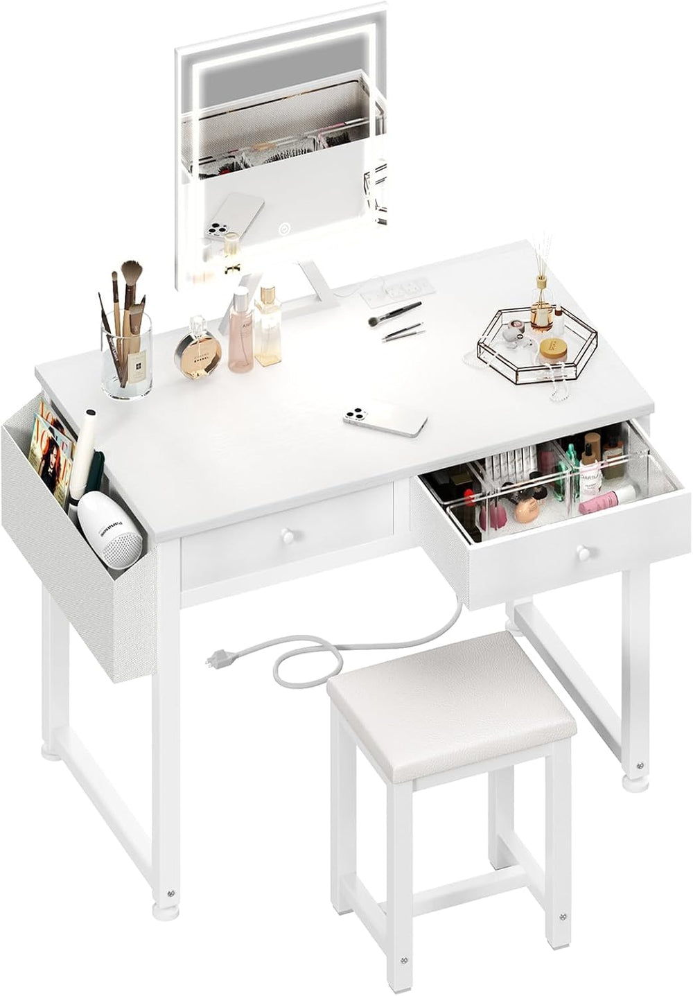Lufeiya Small Makeup Vanity Desk with Fabric Drawers, 32 inch White Vanity De...