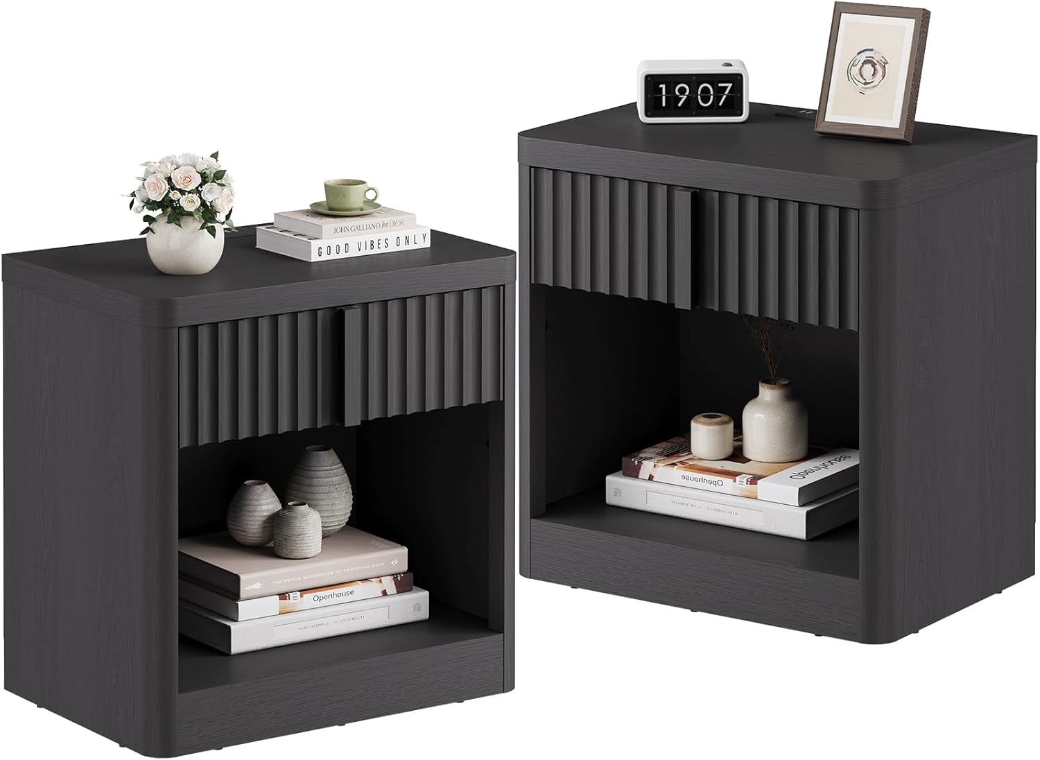 Fluted Nightstand Set of 2 with Charging Station, 23.6" Wood End Table with Solid Wood Handle, Curved Profile Design, Mid Century Moden Bedside Table for Bedroom, Black