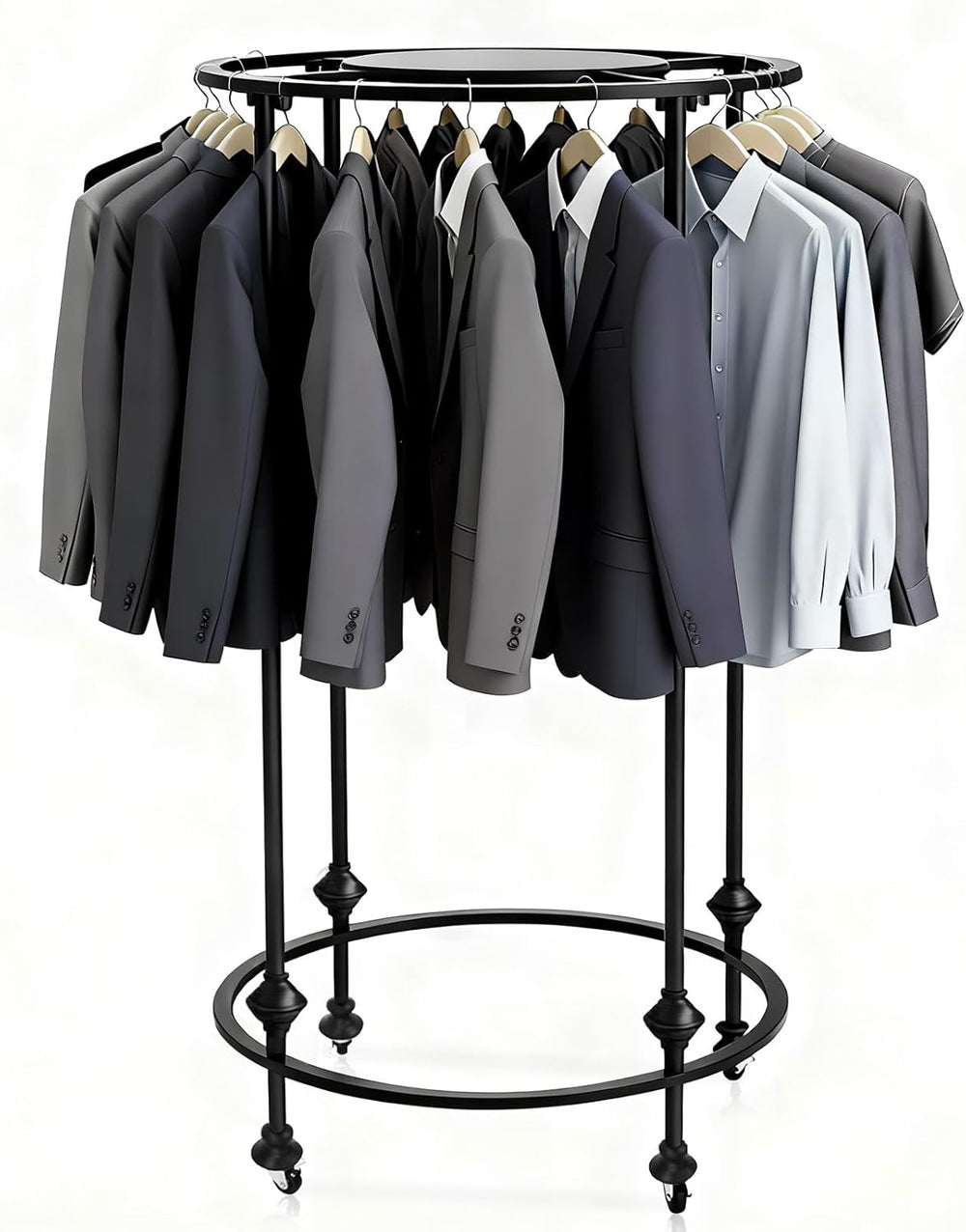27.5x51in Round Garment Rack, Rolling with Topper, 360 Rotating, Black