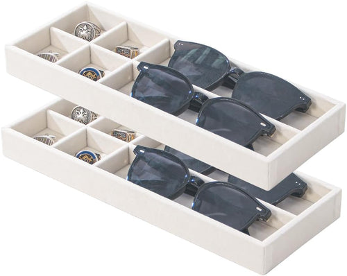 2Pcs Desk Drawer Storage Tray, Nightstand Organizer, Necklace Bracelet Ring Earring Jewelry Display, Grid Table Organizer Holder for Sunglass, Phone, Watch, Perfume (6 grid)/Beige