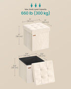 SONGMICS Storage Ottoman, Textured PU Leather Footstool, Foldable Footrest with Cushion, for Living Room and Bedroom, 15 x 15 x 15 Inch, White, Minota Collection ULSF522WD01