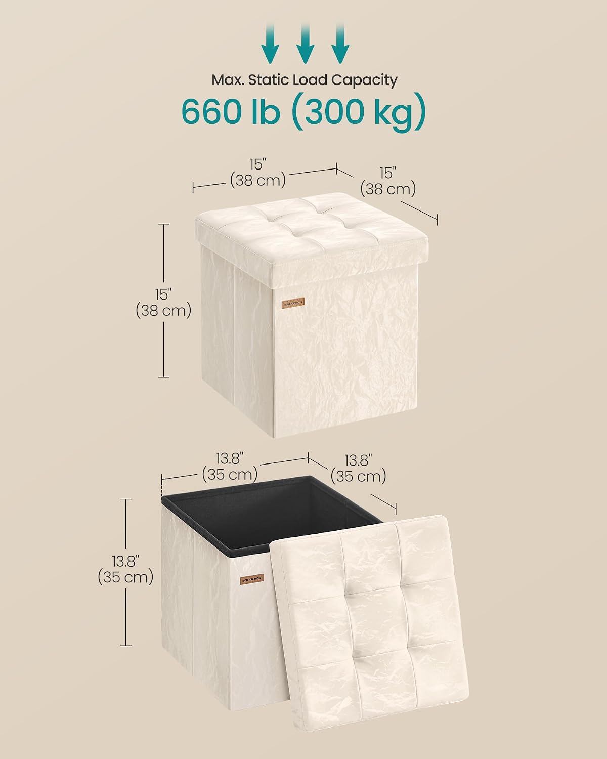 SONGMICS Storage Ottoman, Textured PU Leather Footstool, Foldable Footrest with Cushion, for Living Room and Bedroom, 15 x 15 x 15 Inch, White, Minota Collection ULSF522WD01