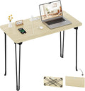 Folding Desk, 31.5" Hairpin Legs Small Desk with Power Strip for Bedroom, Space Saving Foldable Computer Desk for Home Office, No Assembly Need,Beige