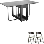 Folding table and chair set, dining table with extra large storage space and 4 universal wheels, matched with padded steel frame folding chairs, space-saving dining table and 2 chairs (White)