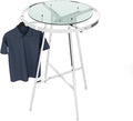 Econoco Folding Round Garment Rack, Adjustable Height Retail Display, Chrome Finish (36" Rack with Glass Shelf Topper)