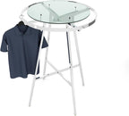 Econoco Folding Round Garment Rack, Adjustable Height Retail Display, Chrome Finish (36" Rack with Glass Shelf Topper)