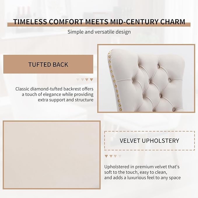 Mid Century Modern Dining Chairs Set of 6, Beige Velvet Upholstered Tufted Back, Kitchen & Dining Room Chairs, Gold Metal Legs, Nailhead Trim, Sillas para Comedor (Beige, 6 Pcs)