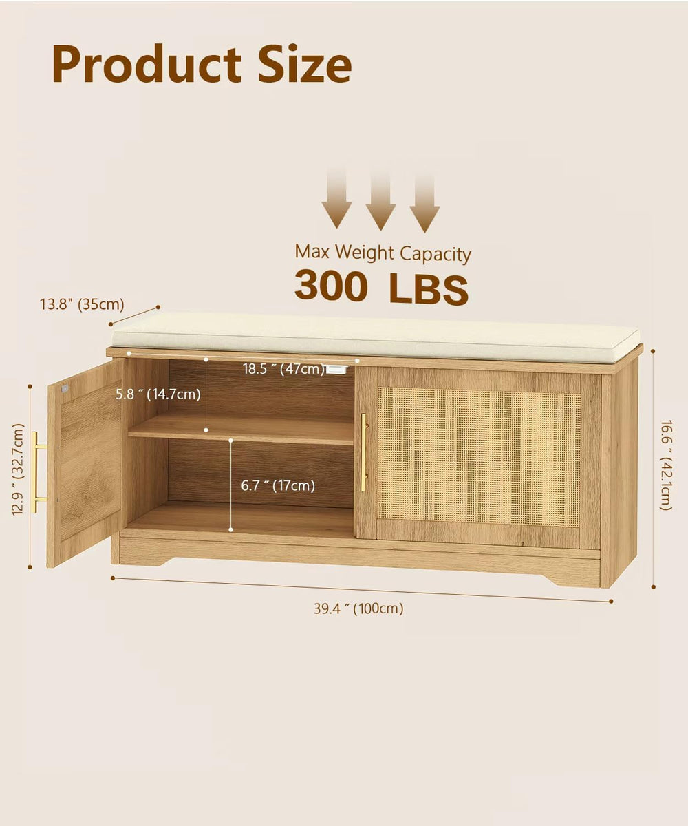 Rattan Shoe Storage Bench with Cushion, 39.4" Wide Entryway Bench with A...