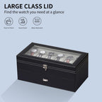 AUTOARK Leather & Velvet Watch Box & Sunglass Organizer,Black,MKAW043 | 12 Watch Box,6 Piece Eyeglasses Organizer,2 Layers with 1 Drawer, Lockable,Large Glass Top