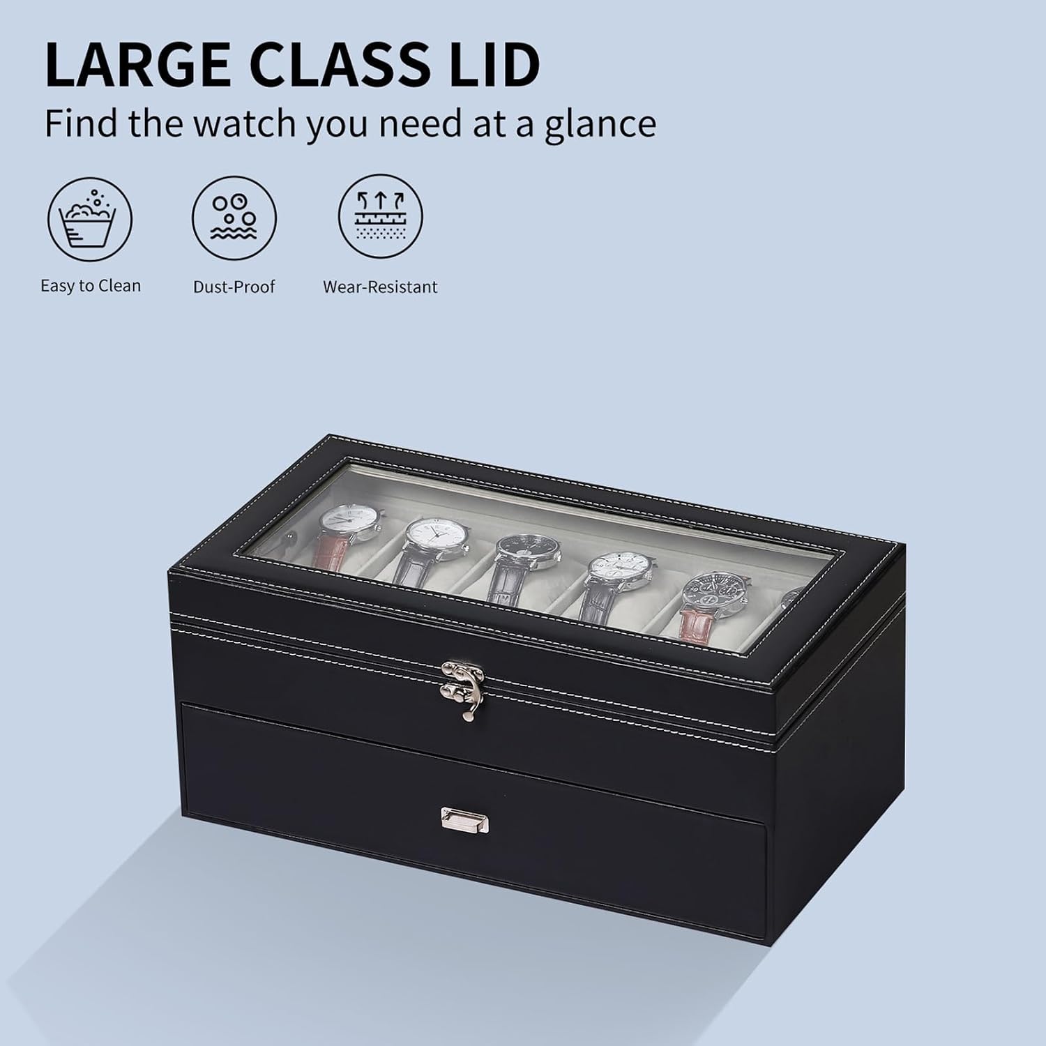 AUTOARK Leather & Velvet Watch Box & Sunglass Organizer,Black,MKAW043 | 12 Watch Box,6 Piece Eyeglasses Organizer,2 Layers with 1 Drawer, Lockable,Large Glass Top