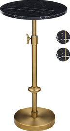 Adjustable-Height Marble Drink Table - 12x12x22-30, Black Marble & Antique Brass, Modern Round End Table, Side Table with Pedestal Stand for Small Spaces, Vintage Metal Martini Cocktail Accent