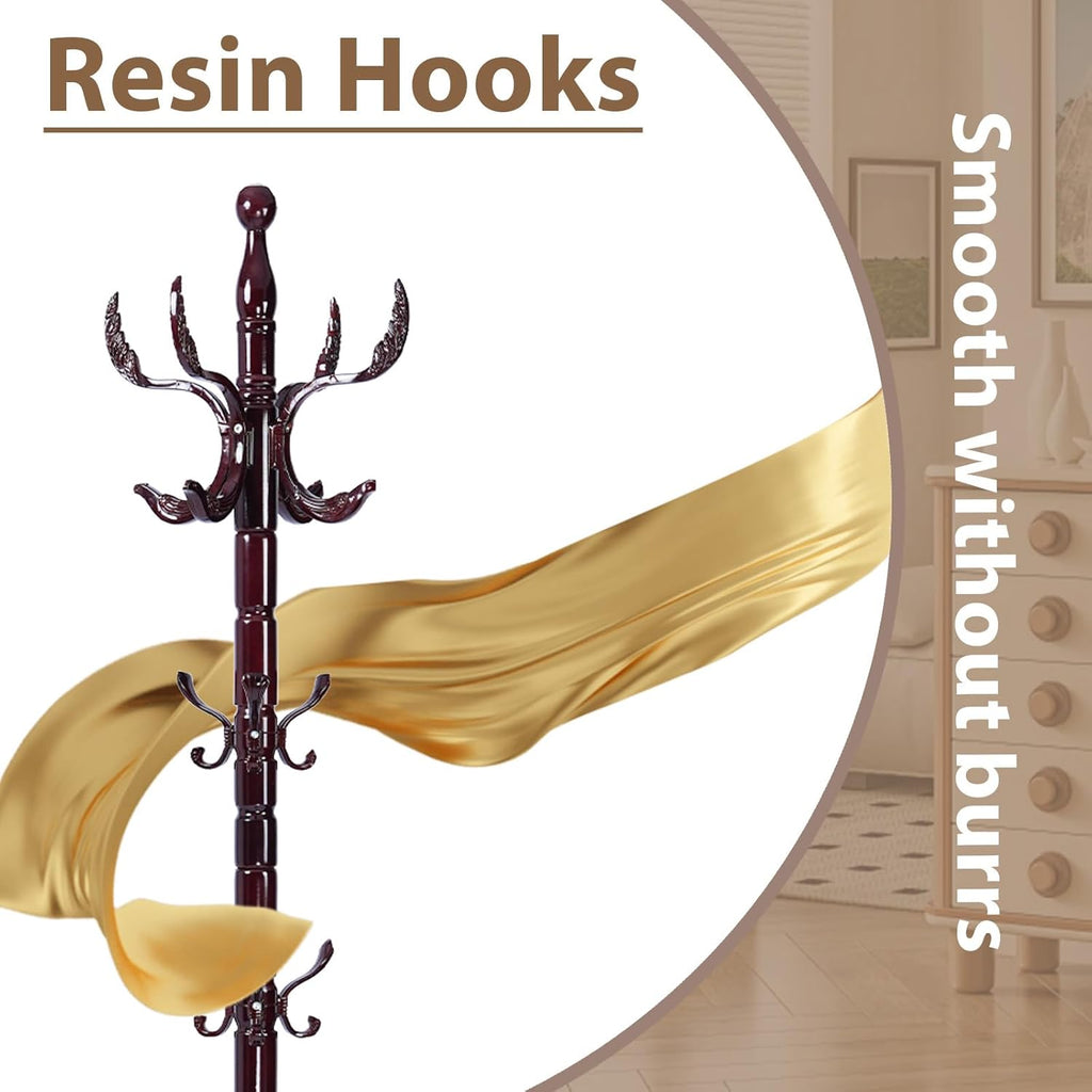 Solid Wooden Coat Rack Stand, Coat Racks Freestanding with 14 Hooks, Natural Birch Wood Coat stands with Sturdy Round Base, Tree Coat Hanger Standing for Entryway Bedroom Office (Chi Bang)
