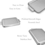 Grill Topper Non-Stick Stainless Steel BBQ Tray with Holes Outdoor Grilling Pans for Meat Vegetables Set of 2 (16.5" x10" and 13"x7.4")