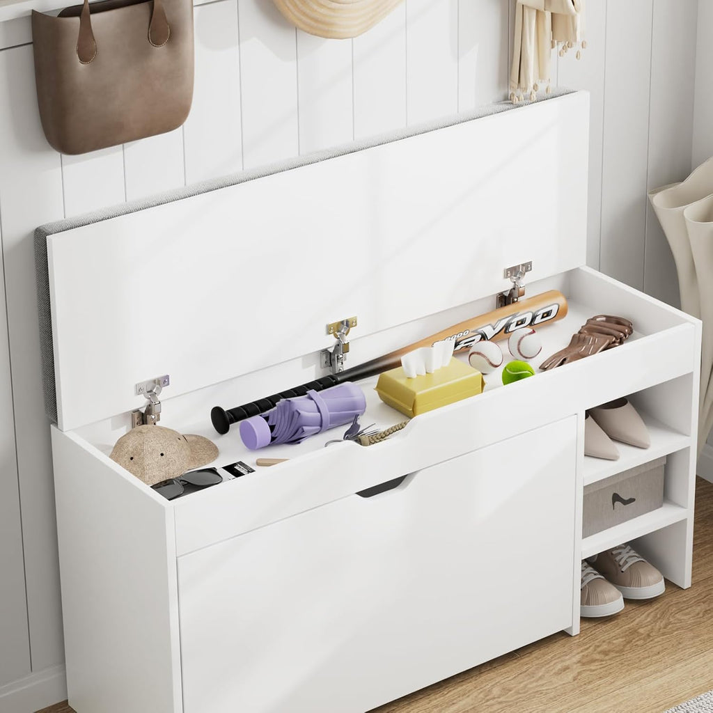 VOWNER Shoe Storage Bench with 3-Tier Flip Drawer & Padded Cushion, Shoe Rack Bench with Flip-Open Storage Box, Shoe Storage Organizer for Entryway, Hallway, Living Room, White | Narrow shoe tipper with seat cushion and adjustable compartments for hallway