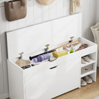 VOWNER Shoe Storage Bench with 3-Tier Flip Drawer & Padded Cushion, Shoe Rack Bench with Flip-Open Storage Box, Shoe Storage Organizer for Entryway, Hallway, Living Room, White | Narrow shoe tipper with seat cushion and adjustable compartments for hallway