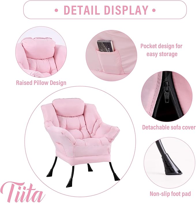 Tiita Lazy Chair, Modern Large Accent Lounge Armchair, Comfy Leisure Sofa Reading Chair with Footrest for Bedroom, Living Room, Dorm Rooms, Garden and Courtyard, Pink