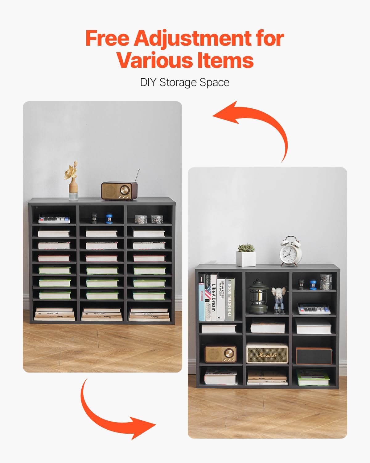 VEVOR Literature Organizer, 24 Compartments Office Mailbox with Adjustable Shelves, Wooden Mailbox Sorter Medium Density Fiberboard Office Home Classroom Storage for Files, Documents, Papers, Grey