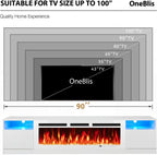 90” TV Stand with 50” WI-FI Electric Fireplace, Large Modern Media Entertainment Center with Storage Cabinet and 12 Colors LED Lights for TVs Up to 100",All White