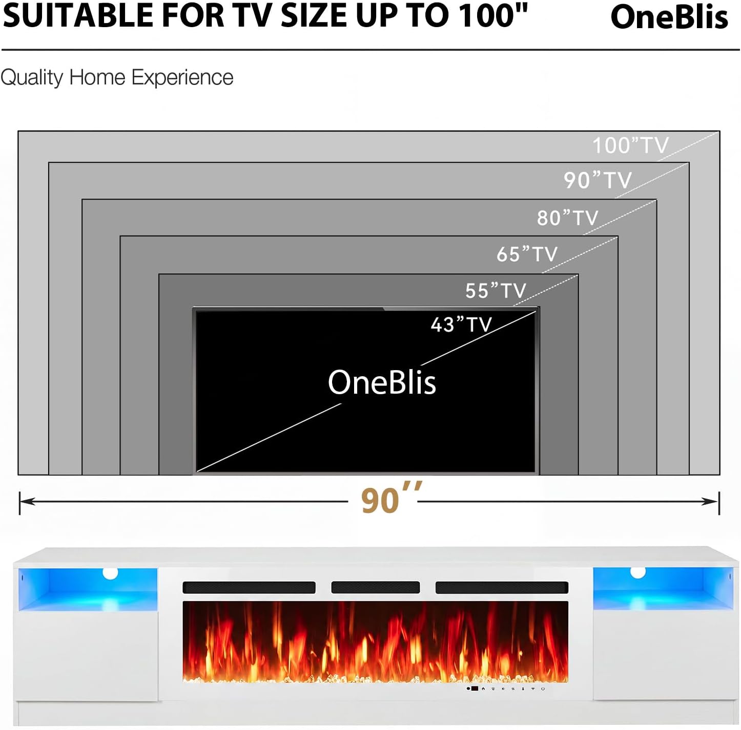 90” TV Stand with 50” WI-FI Electric Fireplace, Large Modern Media Entertainment Center with Storage Cabinet and 12 Colors LED Lights for TVs Up to 100",All White