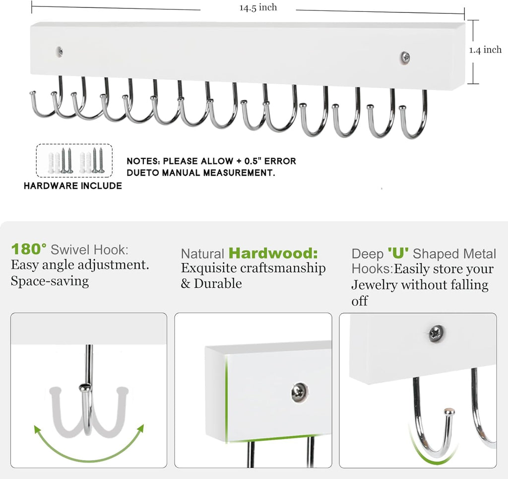 Necklace Holder Wall Mounted Jewelry Organizer - 2 Pack Wooden with 28 Hooks, Hanging Earring & Ring Bracelet Storage, Decorative Space-Saving Jewelry Display (White)