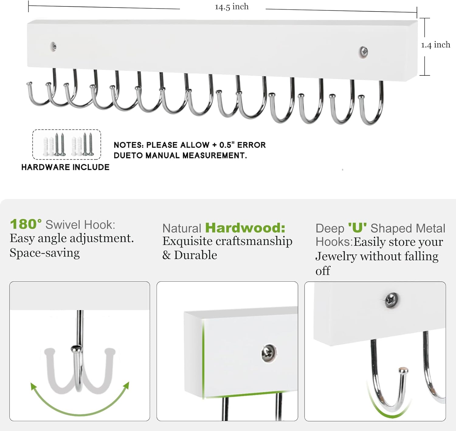 Necklace Holder Wall Mounted Jewelry Organizer - 2 Pack Wooden with 28 Hooks, Hanging Earring & Ring Bracelet Storage, Decorative Space-Saving Jewelry Display (White)