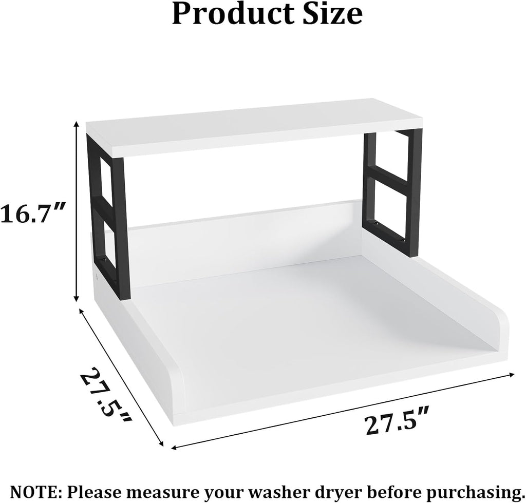 Washer Dryer Countertop with Shelf, 27.5″D x 27.5″W x 16.7″H, Countertop for Washer and Dryer Top with Non-Slip Pads and Edge Rails, Laundry Room Storage and Organization(White)