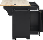 Merax 59.3" Black Kitchen Island with Storage, 2 Pull Out Cabinet Organizers & Rubber Wood Drop Leaf, Rolling Island Table with Trash Can Storage, Power Outlet, Spice & Towel Rack for Kitchen Dining