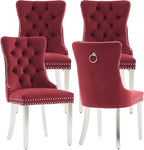Mid Century Modern Dining Chairs Set of 4, Velvet Upholstered Kitchen & Dining Room Chairs with Nailhead Trim & Brushed Silver Metal Legs, Tufted Kitchen Chairs, Elegant Sillas De Comedor (Red, 4 Pcs)