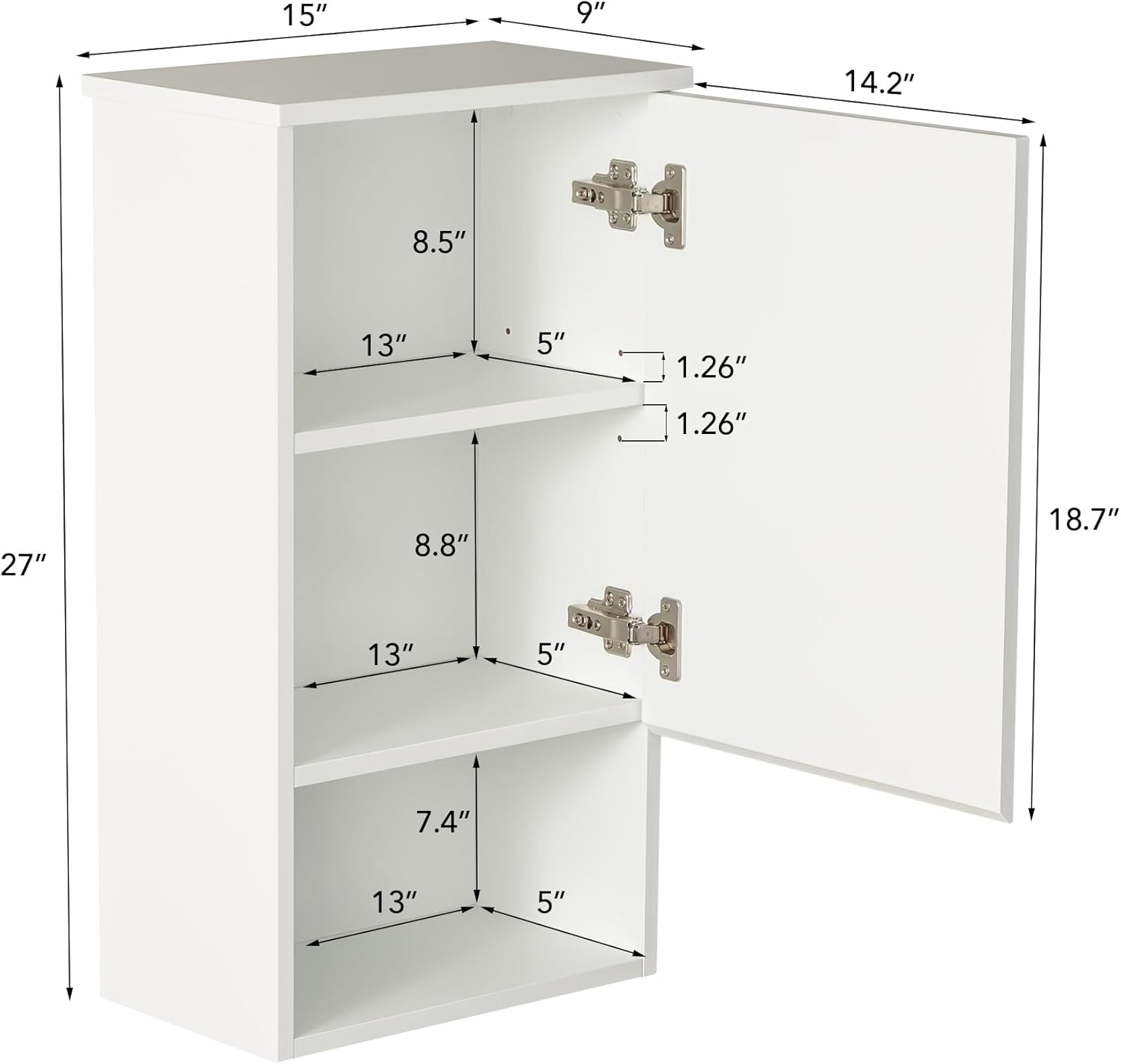Bathroom Wall Cabinet with Single Door, Soft-Close Hinges, 15x27 inch Wooden Medicine Cabinet for Small Kitchen, Laundry, Entryway, Durable MDF Construction