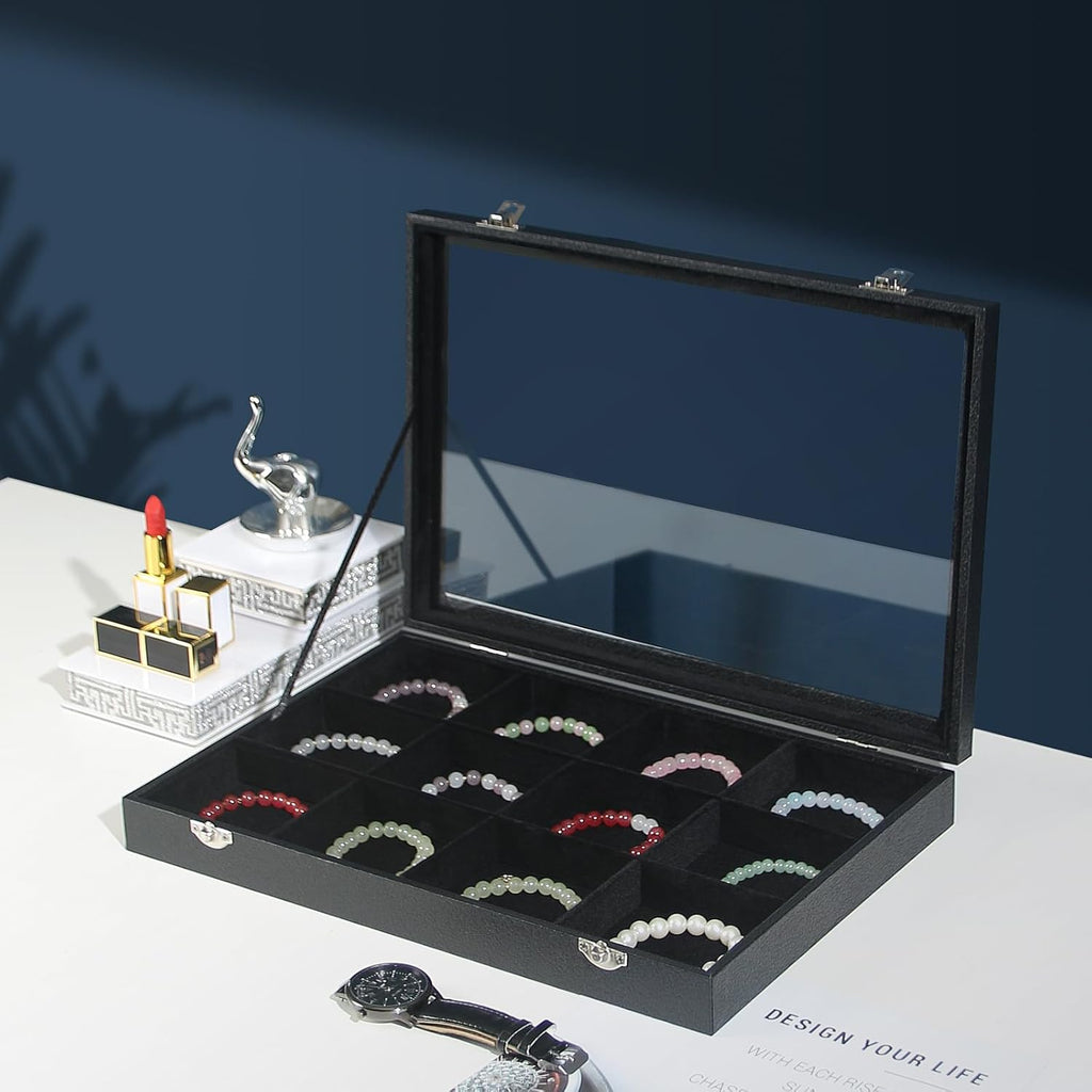 Coward Jewelry Organizer Box, Black Velvet 12 Grids Bracelet Bangle Necklace Jewelry Display Tray Case with Transparent Glass Lid for Home Drawer Desk or Store Selling Show