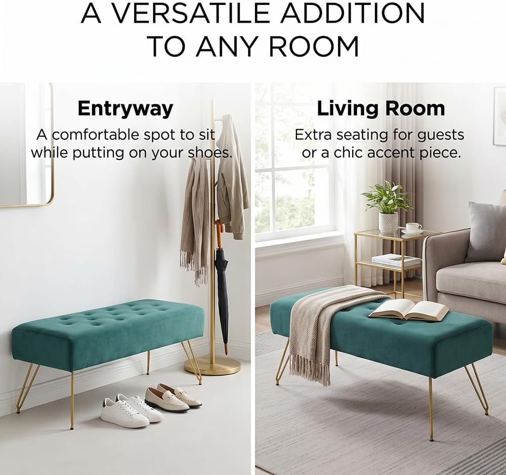 Velvet Button-Tufted Entryway Bench, 39.37" Modern Upholstered Bedroom B...